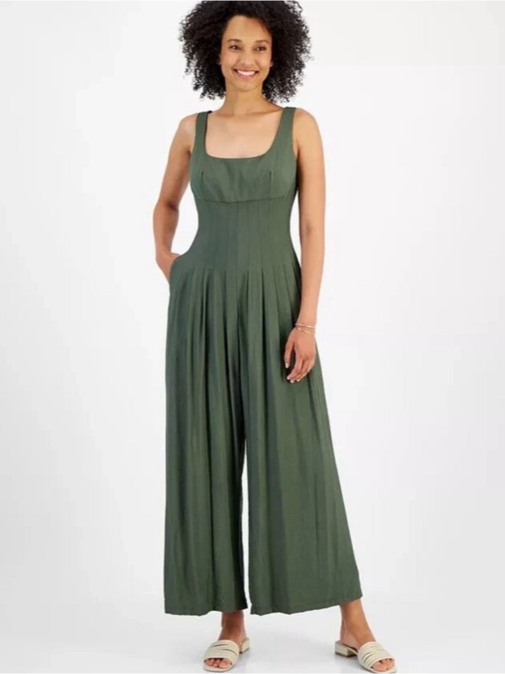 Taylor Olive Green Sleeveless Wide-Leg Jumpsuit